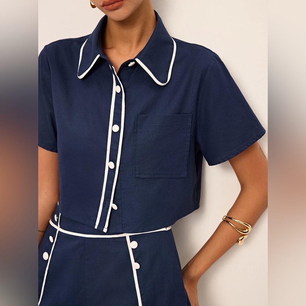Navy Contrast-Trim High-Waist Women's Shorts - Picture 5 of 7